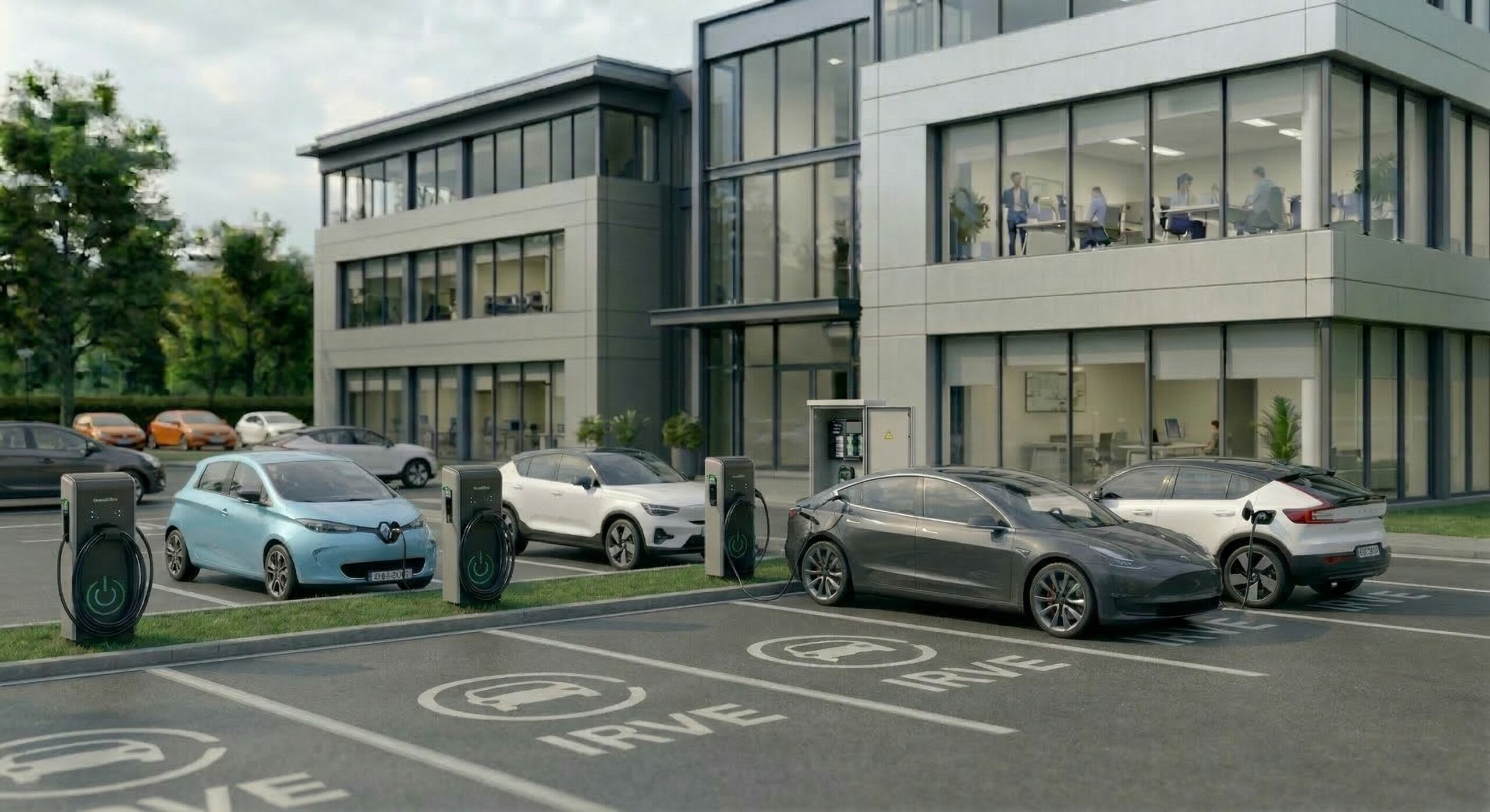 Parking d'entreprise moderne avec une station de recharge IRVE installée par OuestOhm. Plusieurs véhicules électriques, dont une Renault Zoé bleue, une Volvo C40 blanche et une Tesla Model 3 grise, sont garés sur des places marquées au sol avec le logo officiel IRVE. Les voitures sont branchées à des bornes de recharge compactes devant un bâtiment de bureaux tertiaire en verre.