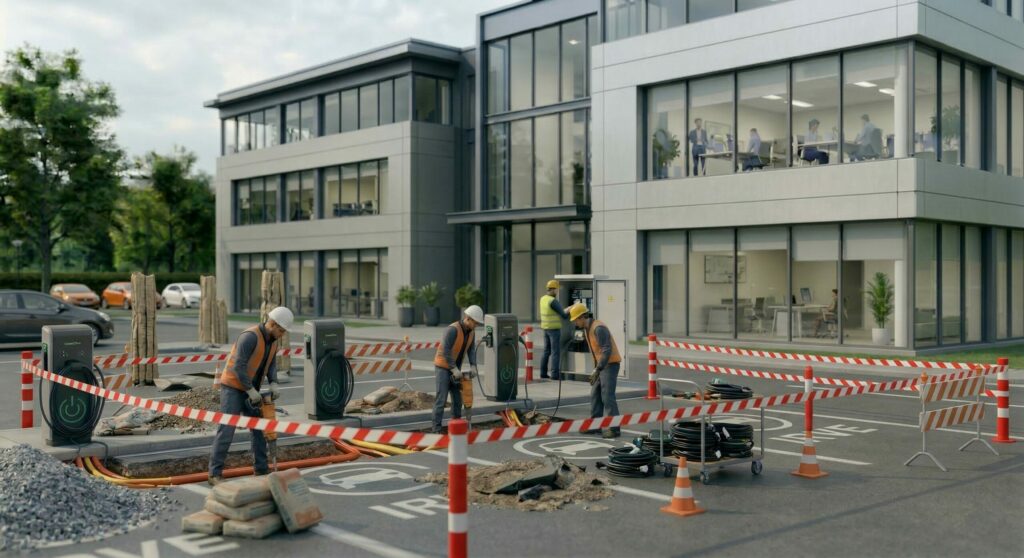 Parking d'entreprise moderne avec une station de recharge IRVE installée par OuestOhm. Plusieurs véhicules électriques, dont une Renault Zoé bleue, une Volvo C40 blanche et une Tesla Model 3 grise, sont garés sur des places marquées au sol avec le logo IRVE. Les voitures sont branchées à des bornes de recharge compactes devant un bâtiment de bureaux tertiaire en verre.